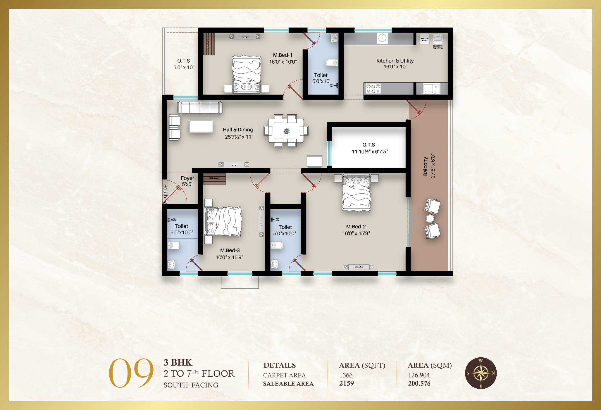 Diora Apartment 2BHK East facing floor plan 1369 sq-ft